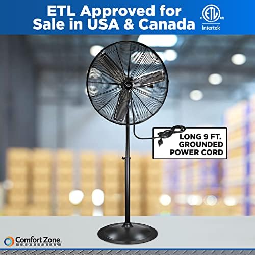 Comfort Zone Industrial Pedestal Fan, 30 inch, 3 Speed, High Velocity, Adjustable Height 56” to 76”, Metal, Meets OSHA Standards