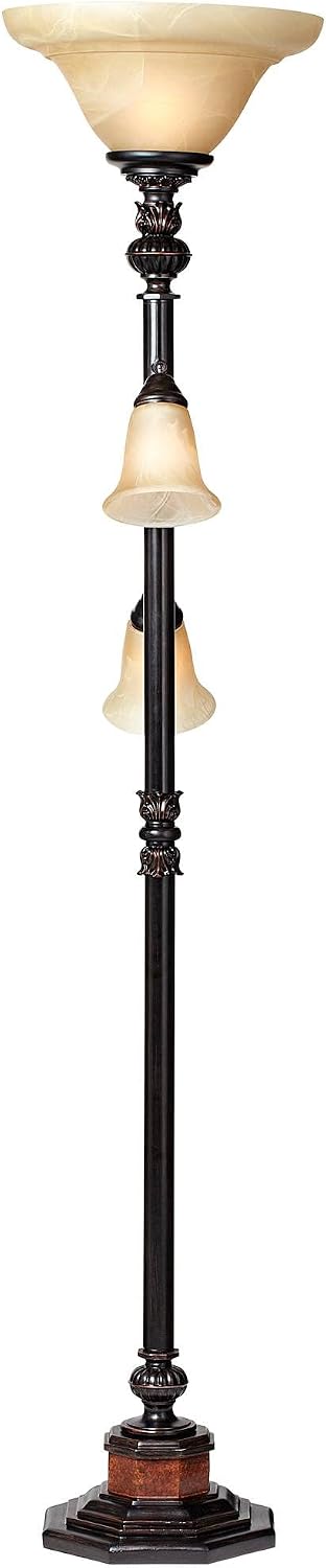 Kathy Ireland Sonnett 72" Tall 3-Light Torchiere Floor Lamp Living Room | Industrial Vintage Tree Standing Bronze Brown Champagne Alabaster Glass