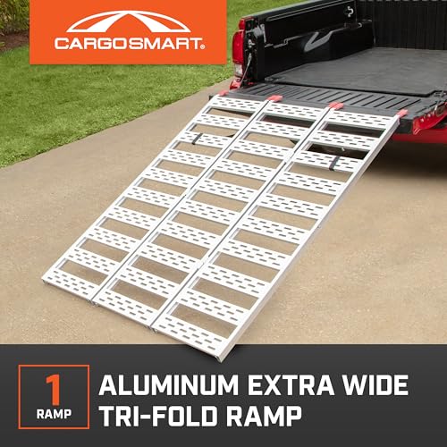 Aluminum Tri-Fold Ramp with Treads, 1 Pack — 1, 500lb Capacity/500lb per Section, 50” W x 76” L — Easily and Safely Load or Unload Push Mowers