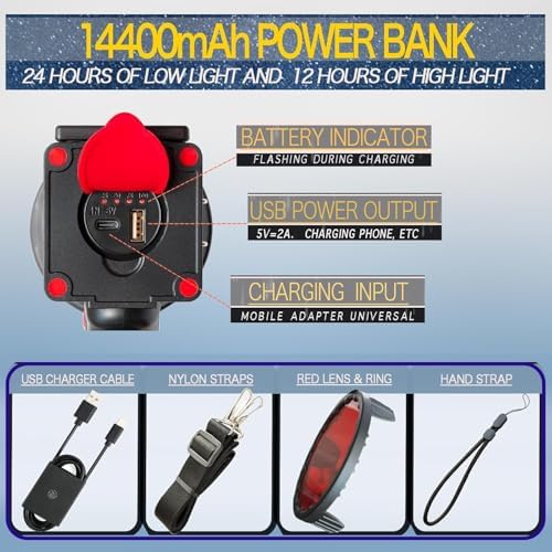 BIGSUN Q953 Rechargeable Spotlight,100000 High Lumen LED Flashlightv with COB Flood Light, Built-in 10,000 mAh Li-Ion Battery for Patrol, Working, Hunting, Red Lens and Tripod