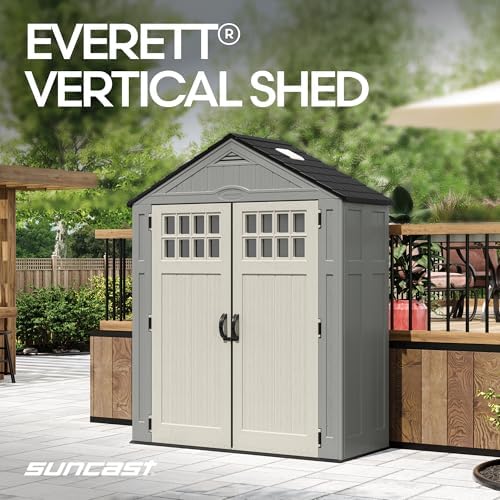 Suncast Everett 6x3 ft Vertical Storage Shed - Resin Outdoor Garden Shed with Floor, Windows