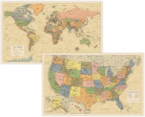 Laminated World Map & US Map Poster Set - 18" x 29" - Wall Chart Maps of the World & United States - Made in the USA - (LAMINATED, 18" x 29")