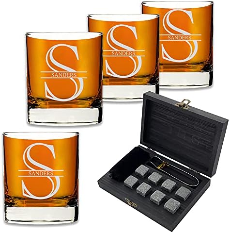 Customized Whiskey Gifts for Men - Personalized Scotch Glass Gift Set with Box - Engraved Wisky Rocks Glasses for Boyfriend, Husband