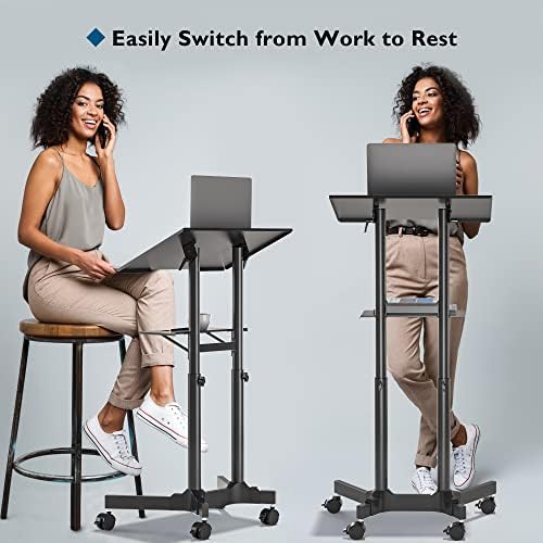 BONTEC Lecterns & Podiums Portable Mobile Standing Laptop Desk, Sit Stand | Height Adjustable, Home Office Classroom Pulpit Stand Up Desk Workstation, Rolling Table Laptop Cart with Storage Tray