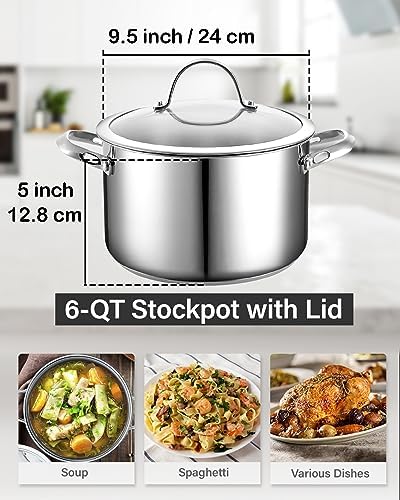 Cooks Standard Classic 6-Quart Stainless Steel Dutch Oven Casserole with Glass Lid, Large Dutch Oven Casserole for Soup, Stew, Chili & Pasta, Compatible with All Stovetops