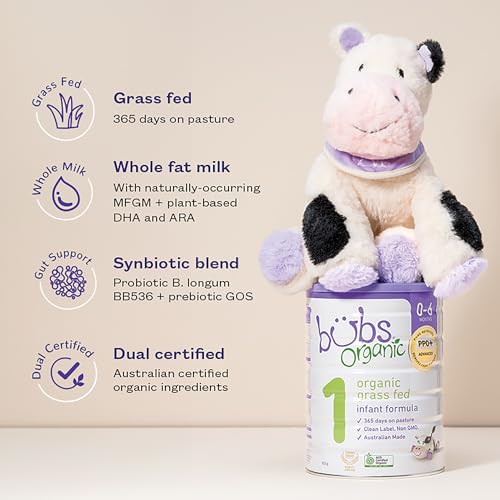 Bubs 365 Day Grass Fed Infant Formula for 0-12 Months, Non-GMO Milk, 20oz | Cow Milk-Based Powder with Iron, DHA, Prebiotics & Probiotics to Support Gentle, Digestive Health