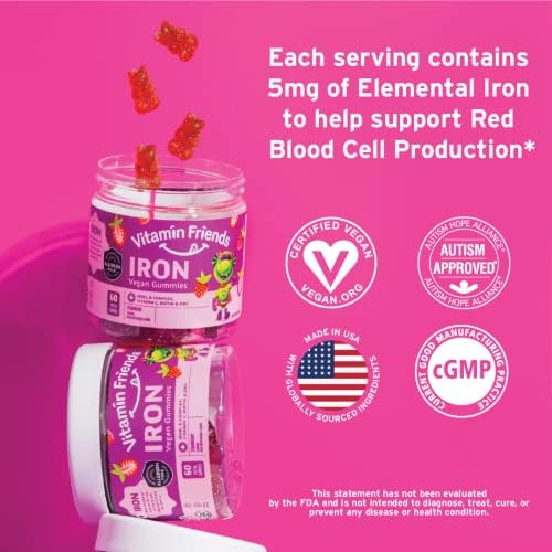 Vitamin Friends - Vegan Multivitamin & Iron for Kids - Daily Nutritional Support Gummies w/Ferrous Fumarate B-Complex, Vitamin C, Zinc