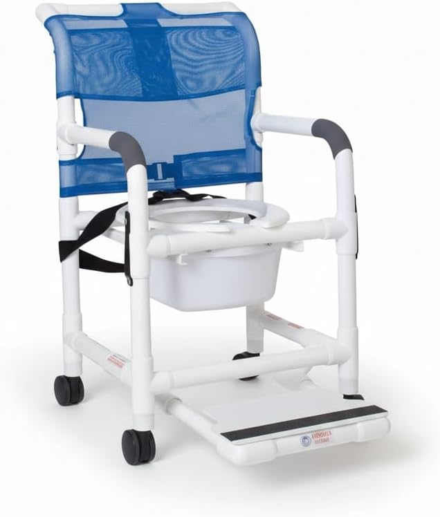 Rolling Shower Chair with Wheels & Drop Arms, Mesh Seat, 4 Locking Casters, Seat Belt, Sliding Footrest, Commode Pail – Fits Over Toilet