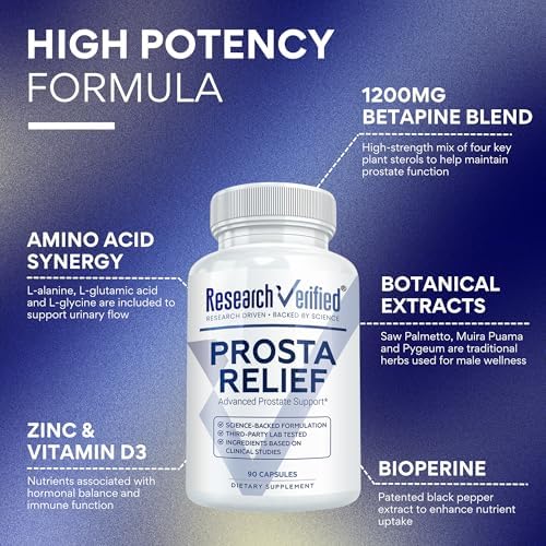 Research Verified Prosta Relief - Saw Palmetto and Bioperine - Prostate Health, Bladder & Urinary Health, Drive and Performance - Pure Natural, 90 Capsules (Pack of 1)
