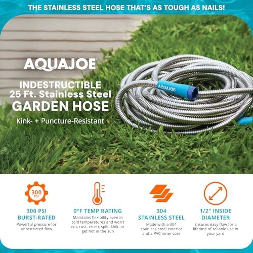 Aqua Joe 50-Foot Heavy Duty Garden Hose, Spiral 304 Stainless Steel Metal Hose, Puncture Proof, 1/2 Inch Diameter with Aluminum Fittings, AJSGH50