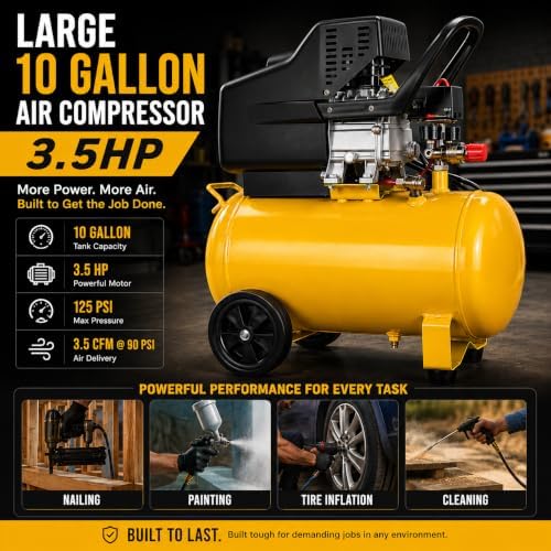 Stark USA 3.5HP 10 Gallons Air Compressor Tank Ultra Quiet Horizontal Tank Adjustable Pressure Ideal for DIY, Home & Garage Applications, 8.37 CFM