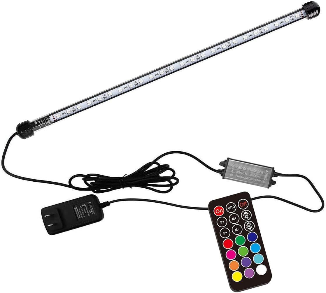 15 inches LED Aquarium Light, 2.5W Fish Tank Light Underwater Light Submersible Crystal Glass Lights, 21 LED Beads 12 Colors 19 Modes Brightness Adjustable Memory Function IP68 Waterproof