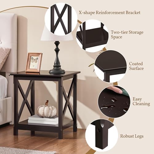 Yaheetech X-Side Frame End Table with 2-Tier Storage Shelf, Espresso