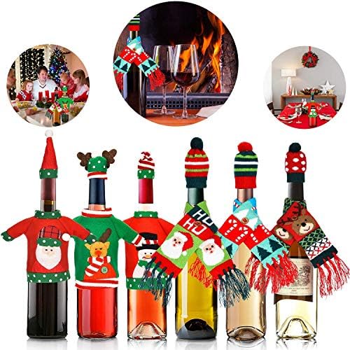 BALANSOHO 12 Pcs Christmas Ugly Sweater Wine Bottle Covers for Wine Bottles Cute Scarves Hats Cover Party Decor Table Decorations