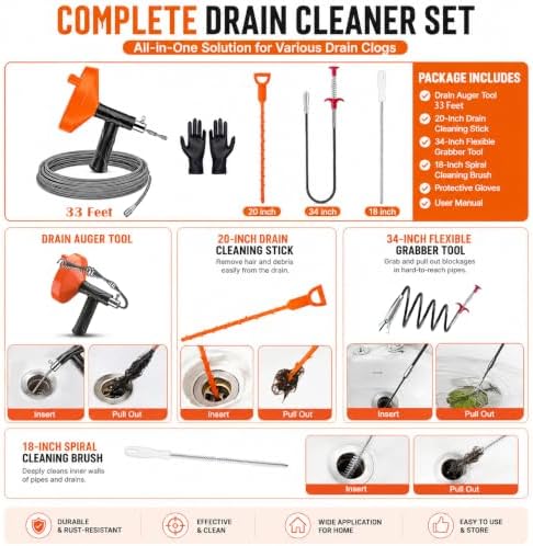 33 Feet Drain Snake Auger, Plumbing Snake Drain Hair Clog Removal Tool, Sink Unclogger Drain, Heavy Duty Drum Auger