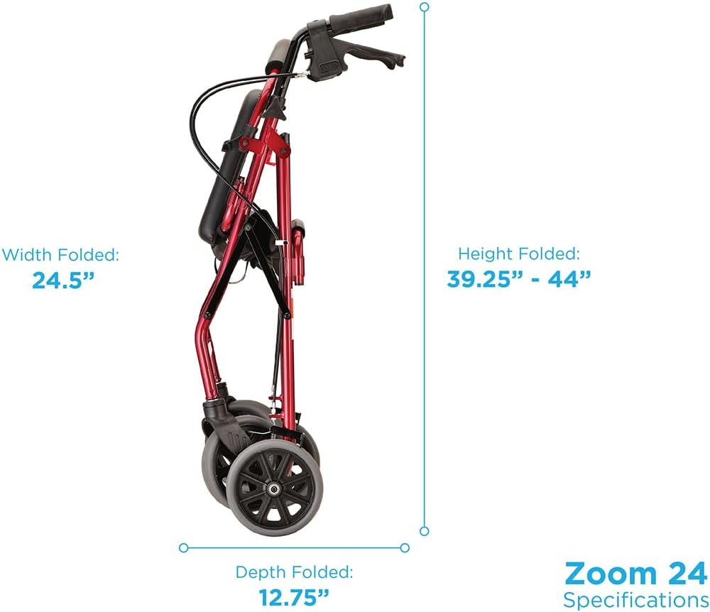 NOVA Zoom 22 Rollator Walker for Seniors, Rolling Walker with Locking Hand Brakes, Padded Seat & 8" Wheels, Lock N Load for Easy Transport & Storage, Adjustable Height 5'5"–6'1", Red