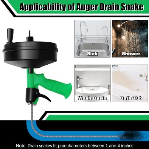 50 Ft Drain Snake, Fast Unclog Snake, 1/4 Inch, Green | Manual & Electric Plumbing Snaker for Shower Sink, Toilet and Kitchen