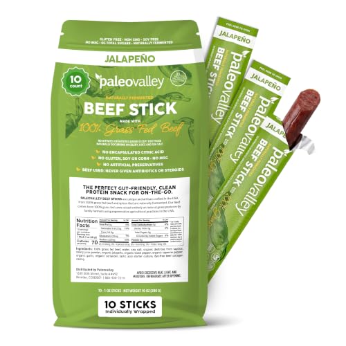 Paleovalley 100% Grass Fed Beef Sticks, Protein Snacks, Original | 10 Count, Individually Wrapped, Naturally Fermented, Gluten Free, Keto and Paleo, Made With Simple Ingredients, 6g Protein