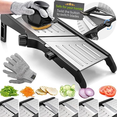 Gramercy Adjustable Mandoline Food Slicer, Mandoline Slicer for Kitchen, Mandolin, Potato, Tomato, Carrot, Vegetable, Fruit and Onion Cutter, Stainless Steel, INCLUDING Cut-Resistant Gloves, Black PRO