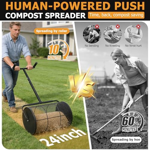 Compost Spreader 24in Peat Moss Spreader - U Shaped Comfortable Handle & Adjustable Height Powder-Coated Metal Mesh Hand Fertilizer Spreader for