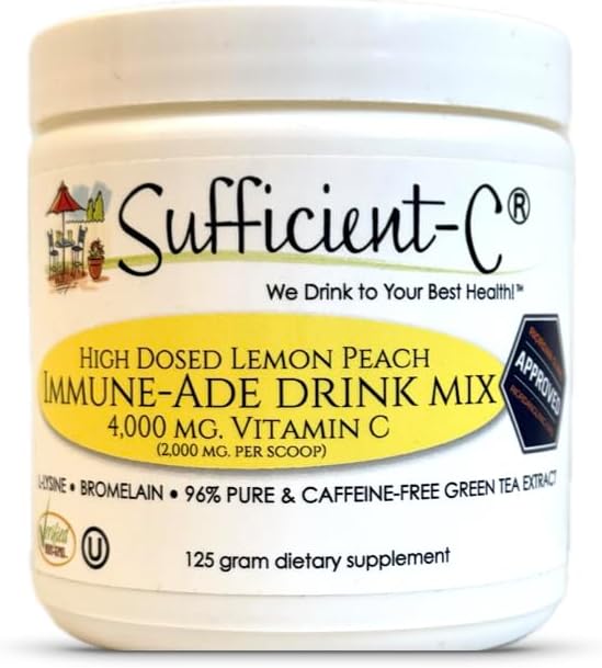 Sufficient-C High Dose Non-GMO Vitamin C Lemon Peach Immune-Ade Drink Mix, Convenient 125 Gram Size w/L-lysine