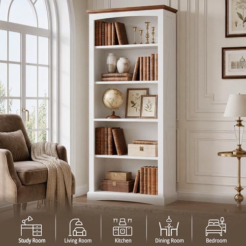 IRONCK 5 Tier Farmhouse Bookshelf 70.9" White Bookcase with Brown Wood Top | brown top & brace side panels, anti-tip stable design, bookcase, bedroom