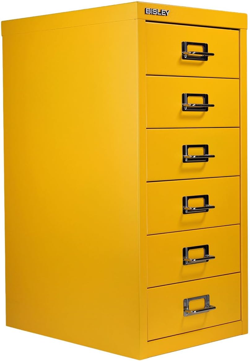 5-Drawer Steel MultiDrawer Cabinet - Orange, by Bisley | Chrome Pull Handles with Label Holders, Powder-Coated Steel, Removable Drawers, Desktop Storage, Labels Included
