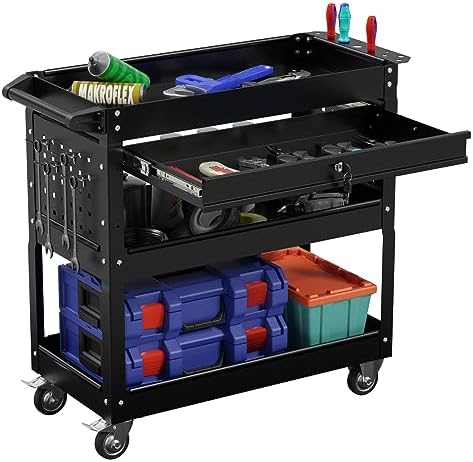 3-Tier Heavy Duty Utility Cart on Wheels, Rolling Tool Cart on Wheels with a Drawer, 350 Lbs Load Capacity Service Cart for Warehous, Garage and Repair Shop (Black)