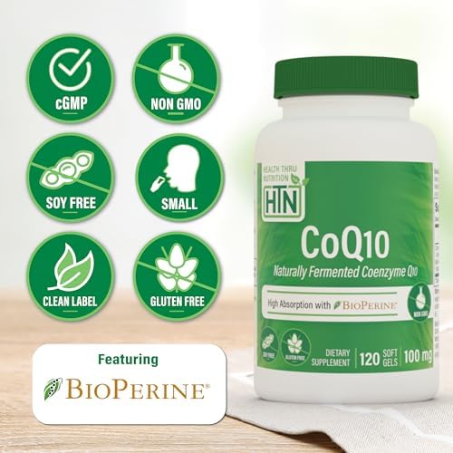 Health Thru Nutrition CoQ-10 100mg with BioPerine 120 Softgels | High Absorption Naturally Fermented USP Grade Coenzyme Q10 Supplement | 3rd Party Tested | Heart Health and Energy Support | High Absorption Naturally Fermented USP Grade Coenzyme Q10 Suppl…