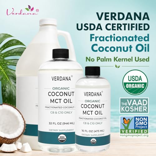 Verdana USDA Certified Organic Coconut MCT Oil –Fractionated Coconut Oil – No Palm Kernel Used – Kosher, Food Grade
