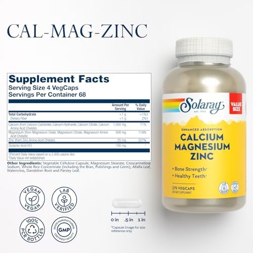 SOLARAY Calcium Magnesium Zinc, 275 VegCaps | Bone, Muscle, Heart & Immune Support, Calcium, Magnesium & Zinc Complex, 68 Servings, Vegan, Lab Verified