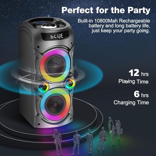 Karaoke Machine with 2 Wireless Microphones, Portable PA System Big Bluetooth Speaker with LED Lights, Remote Control Support Bass/Treble Adjustment