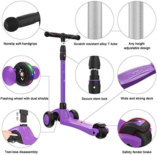 Allek Kick Scooter B03, Lean 'N Glide 3-Wheeled Push Scooter with Extra Wide PU Light-Up Wheels