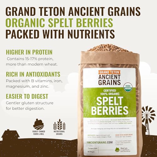 Grand Teton Ancient Grains - 100% Organic Spelt Berries, Whole Unmilled Spelt Berries, US-Grown Farro Organic Grain, Nutritious Baking Staple