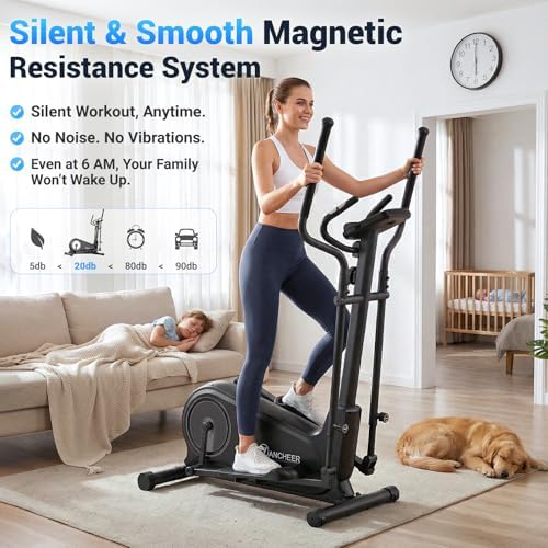 ANCHEER Elliptical Exercise Machine Foldable Elliptical Trainer 16" Stride | Ultra-Silent Elliptical Machine for Home, 550LBS Loading Capacity, 16 Resistance Levels &Pulse Rate Grips &Adjustable Pedals