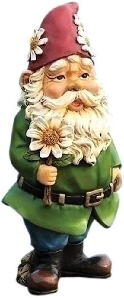 Giftware by Roman Inc., 12.25" H GNOME with Daisy Statue, Garden Collection, Outdoor Statue, Memorial, Resin Stone, Adorable Frogs and Flowers