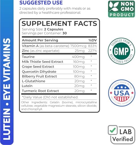 Lutein Eye Vitamins (Non-GMO) Vision Support Supplement for Tired and Dry Eyes - Maintain Vision Health with Zinc & Powerful Bilberry, Milk Thistle