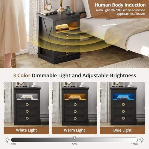 Farmhouse Nightstand with Lockable Hidden Drawer, Human Sensor LED Bedside Table with LED Lights & Charging Station, Rustic Wood Sofa Side End Table with 3 Drawers for Bedroom (Black)