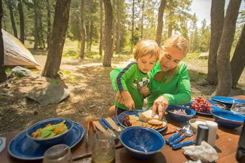 GSI Outdoors Pioneer Enamel 12 Pieces (4-Person) Dish Set I Enamelware Dishes Including Plates, Bowls and Mugs for Camping, Outdoors, RV, Camp, Blue