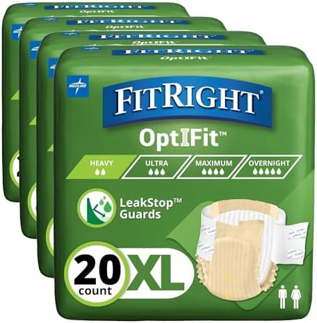 FitRight Adult Diapers, Extra+ Heavy Absorbency, M (Waist Size 32in-44in), 80 Count, OptiFit Incontinence Briefs for Men and Women, Disposable, Moisture-Wicking, Leak Protection,