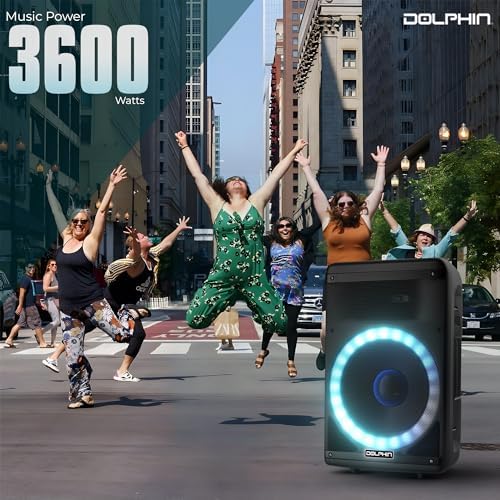 Dolphin Bluetooth Party Speaker with Wired Microphone, 15" Woofer | 3600W Output, WaveSync Pairing, LED Lights, USB, SD, TF & AUX Inputs