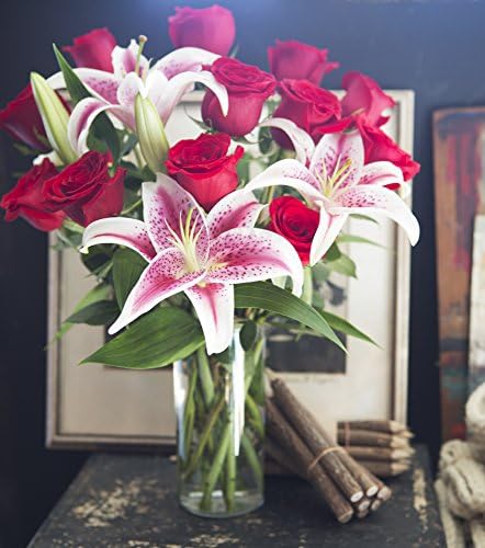 KaBloom-6 Red Rose&3 Pink Lily Bouquet,Flowers for Valentine, Mother's Day