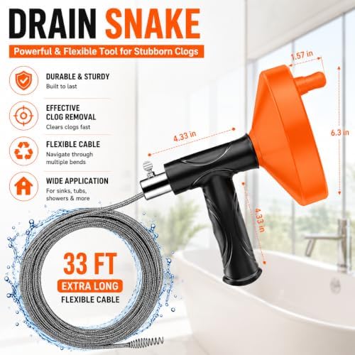 33 Feet Drain Snake Auger, Plumbing Snake Drain Hair Clog Removal Tool, Sink Unclogger Drain, Heavy Duty Drum Auger