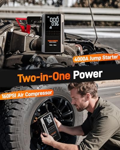 WOLFBOX MV16A 3000A Jump Starter with Air Compressor, 59.2Wh&160PSI Portable Car Battery Jump Starter with 65W Fast Charging, 12V Battery Pack (8L Gas 6L Diesel) with Boost, Light and Jumper Cables