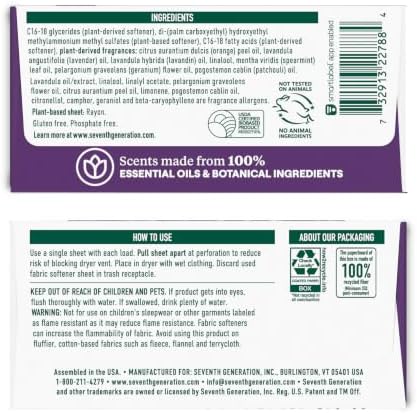 Seventh Generation Dryer Sheets Laundry Fabric Softener, Fresh Lavender Scent, 80 Sheets