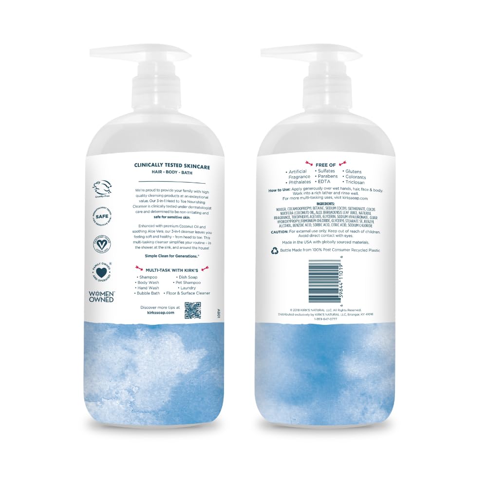 Kirk's Juniper & Lime​ 3-in-1 Nourishing Cleanser, Shampoo Body Wash Bubble Bath, Coconut Oil and Aloe Vera, Vegan Non-GMO, 32 Fl Oz