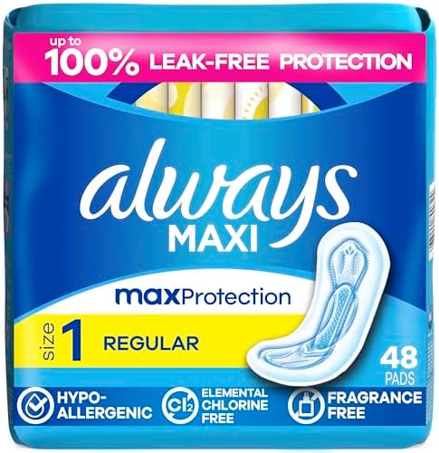 Always Maxi Feminine Pads Without Wings for Women, Size 1, Regular Absorbency, Unscented 48 Count