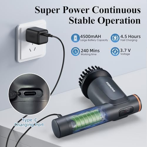 Electric Spin Scrubber, Cordless Shower Scrubber with LCD Display, Upgraded Motor 400/550RPM, 2 Speeds Electric Scrubber with 6 Replaceable Heads