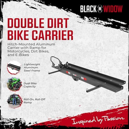 Black Widow Steel Motorcycle Carrier with Ramp for 2-Inch Receiver, 500 lb Capacity - Hitch-Mounted Dirt Bike and Scooter Hauler with Grit-Coated Track and Anti-Rattle Device for SUVs and Trucks
