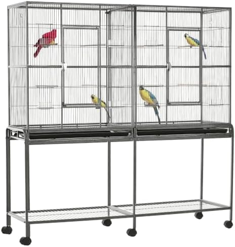 PawHut 65" Double Rolling Metal Bird Cage with Divider, Large Parrot Cage for Parakeet, Canaries, Lovebirds, Budgie, Finch
